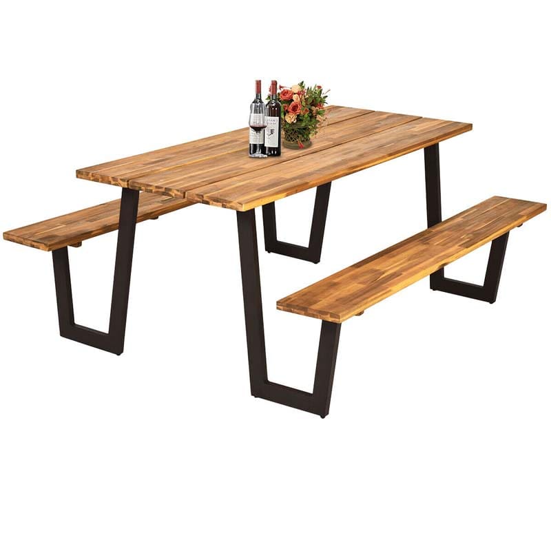 70" Patented Picnic Table Bench Set with Umbrella Hole, Acacia Wood Outdoor Dining Table Bench Set