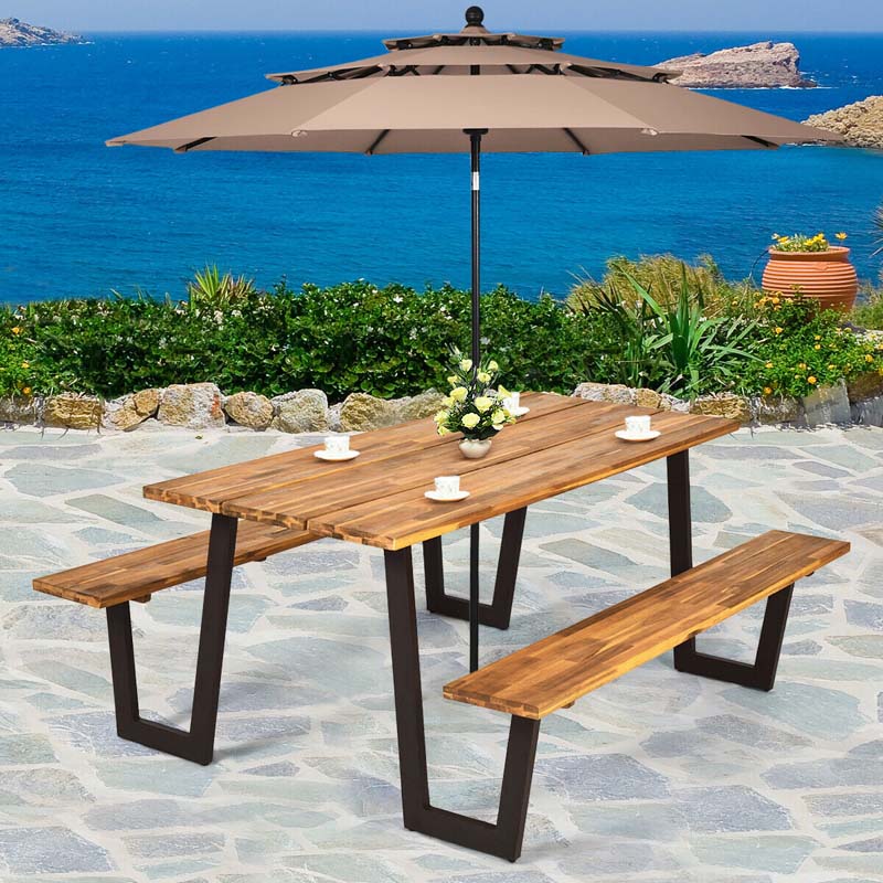 70" Patented Picnic Table Bench Set with Umbrella Hole, Acacia Wood Outdoor Dining Table Bench Set