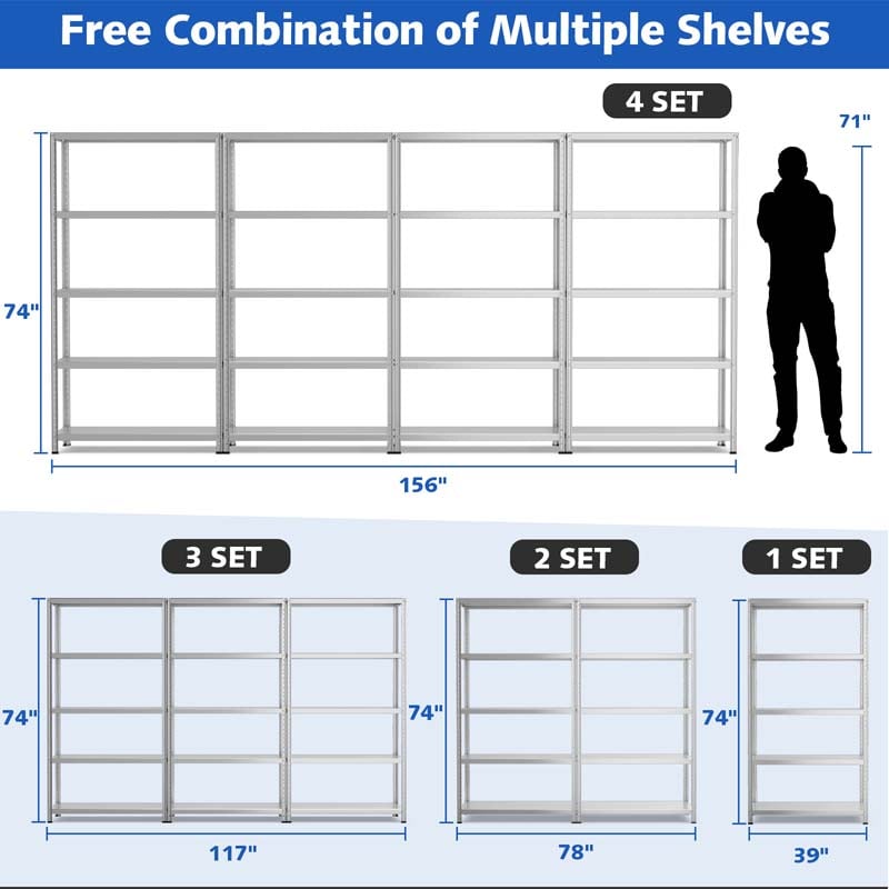 74" x 16" x 39" 5-Tier All Metal Storage Shelves Garage Shelving Units Tool Utility Shelves Adjustable Storage Racks