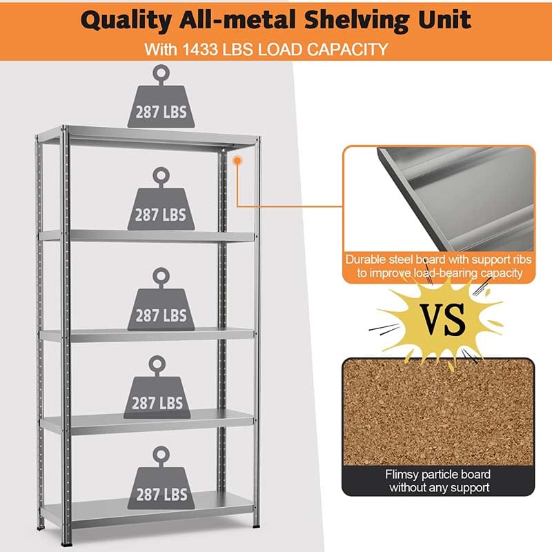 74" x 16" x 39" 5-Tier All Metal Storage Shelves Garage Shelving Units Tool Utility Shelves Adjustable Storage Racks