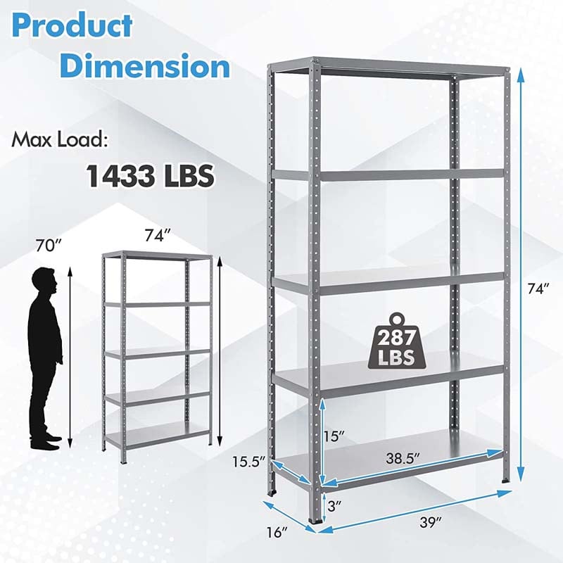 74" x 16" x 39" 5-Tier All Metal Storage Shelves Garage Shelving Units Tool Utility Shelves Adjustable Storage Racks
