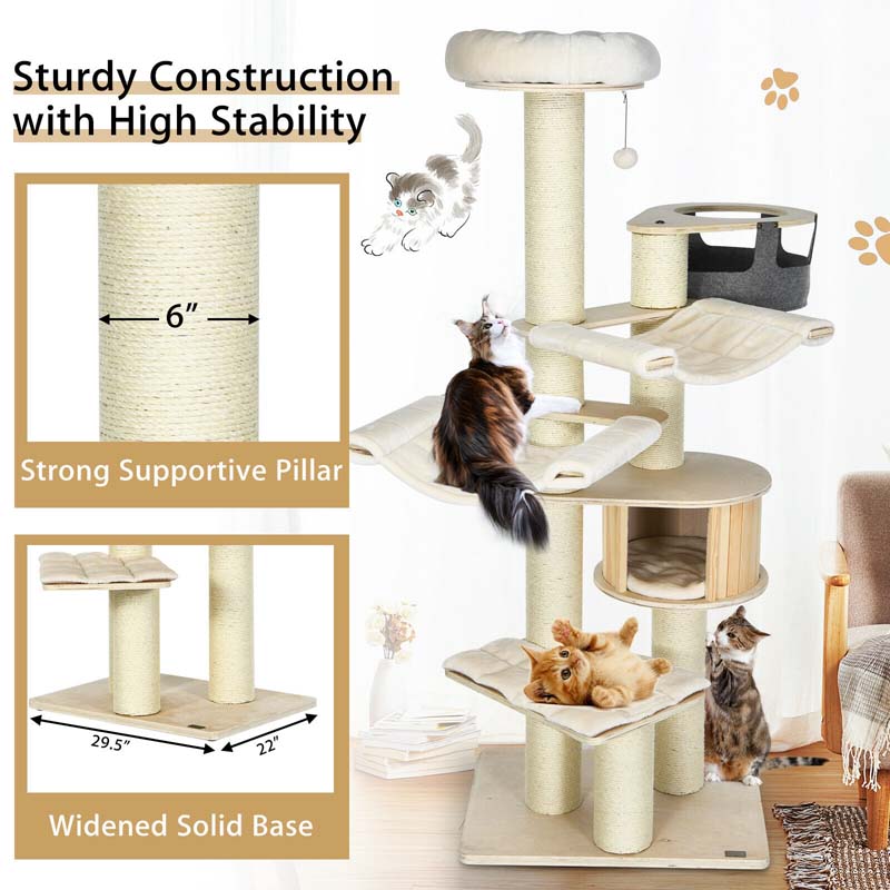 78" Tall Cat Tree with Sisal Posts, Wooden Large Cat Tower Condo, Modern Multi-Level Kitten Activity Tree