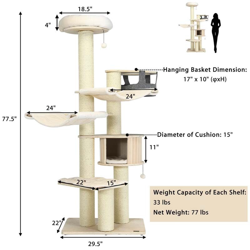 78" Tall Cat Tree with Sisal Posts, Wooden Large Cat Tower Condo, Modern Multi-Level Kitten Activity Tree