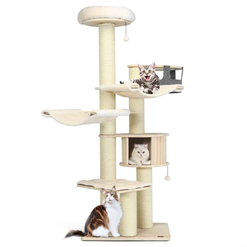 78" Tall Cat Tree with Sisal Posts, Wooden Large Cat Tower Condo, Modern Multi-Level Kitten Activity Tree