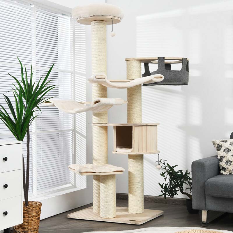 78" Tall Cat Tree with Sisal Posts, Wooden Large Cat Tower Condo, Modern Multi-Level Kitten Activity Tree