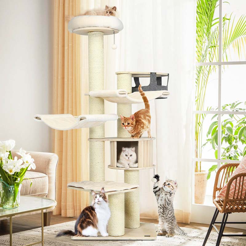 78" Tall Cat Tree with Sisal Posts, Wooden Large Cat Tower Condo, Modern Multi-Level Kitten Activity Tree