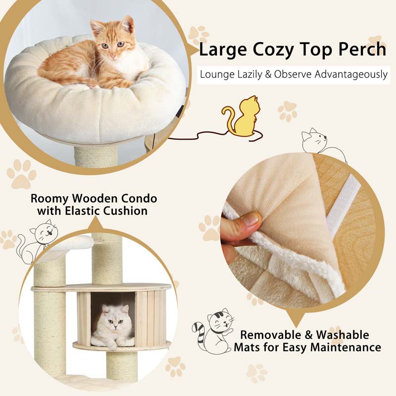 78" Tall Cat Tree with Sisal Posts, Wooden Large Cat Tower Condo, Modern Multi-Level Kitten Activity Tree