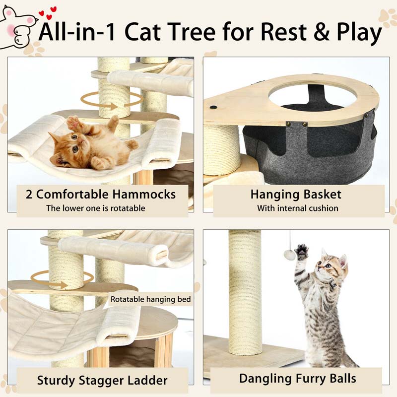 78" Tall Cat Tree with Sisal Posts, Wooden Large Cat Tower Condo, Modern Multi-Level Kitten Activity Tree