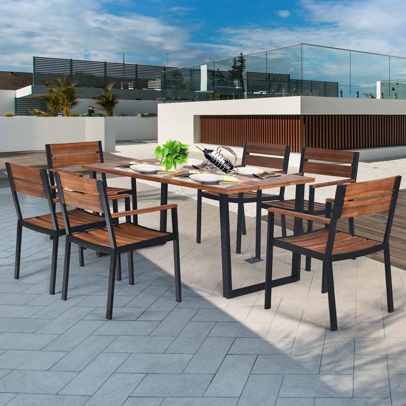 7 Pcs Patented Patio Dining Set with Umbrella Hole & Acacia Wood Top, Outdoor Dining Table Set for Backyard Garden