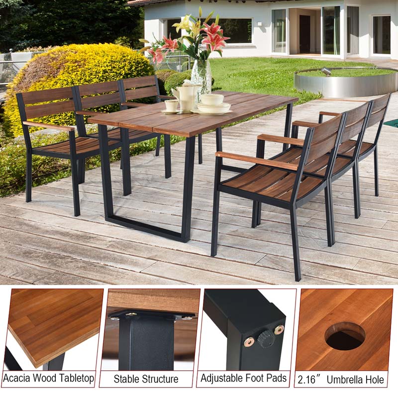 7 Pcs Patented Patio Dining Set with Umbrella Hole & Acacia Wood Top, Outdoor Dining Table Set for Backyard Garden