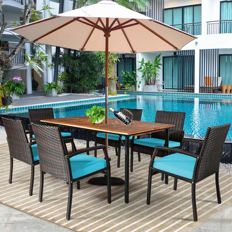 7 Piece Rattan Patio Dining Set with Umbrella Hole, Acacia Wood Tabletop, Cushioned Chairs