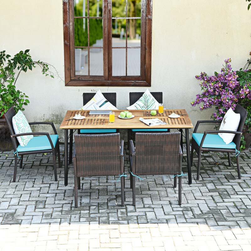 7 Piece Rattan Patio Dining Set with Umbrella Hole, Acacia Wood Tabletop, Cushioned Chairs