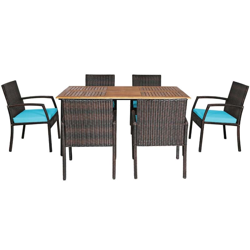 7 Piece Rattan Patio Dining Set with Umbrella Hole, Acacia Wood Tabletop, Cushioned Chairs
