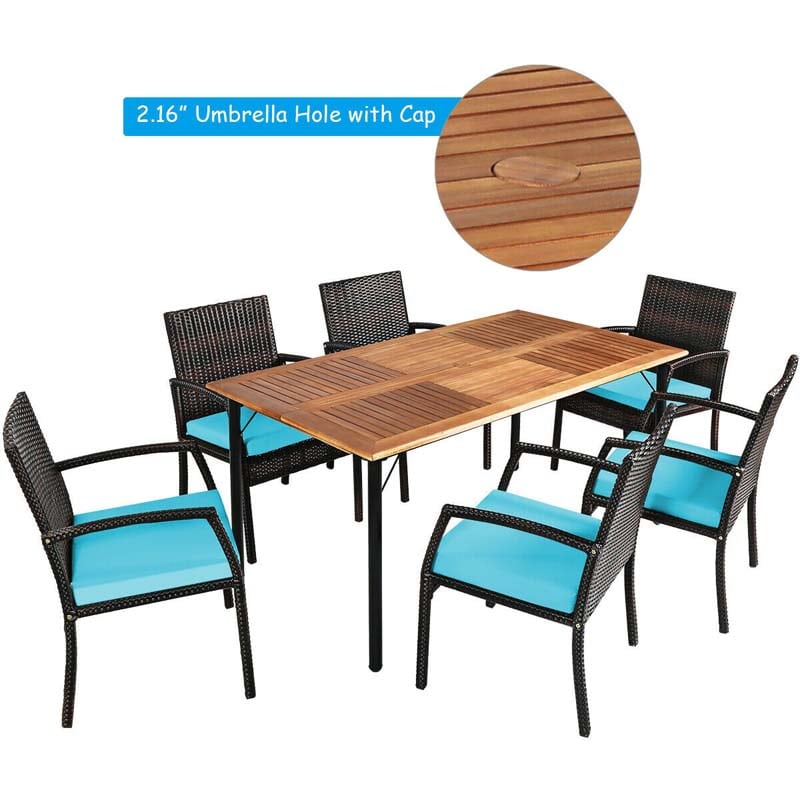 7 Piece Rattan Patio Dining Set with Umbrella Hole, Acacia Wood Tabletop, Cushioned Chairs