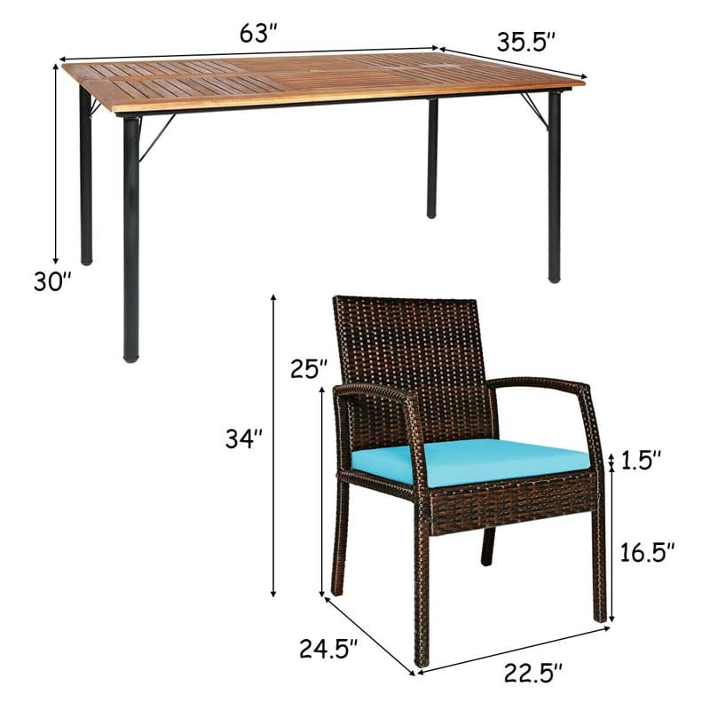 7 Piece Rattan Patio Dining Set with Umbrella Hole, Acacia Wood Tabletop, Cushioned Chairs