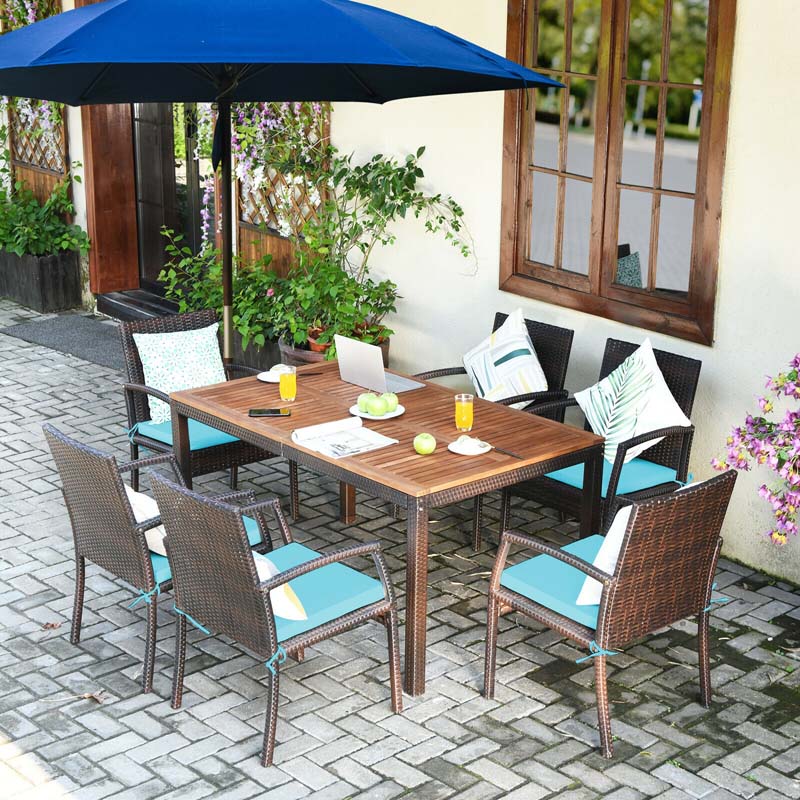 7 Piece Rattan Patio Dining Set with Umbrella Hole, Acacia Wood Tabletop, Cushioned Chairs