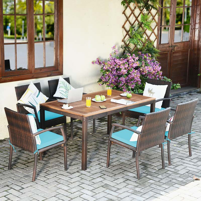 7 Piece Rattan Patio Dining Set with Umbrella Hole, Acacia Wood Tabletop, Cushioned Chairs