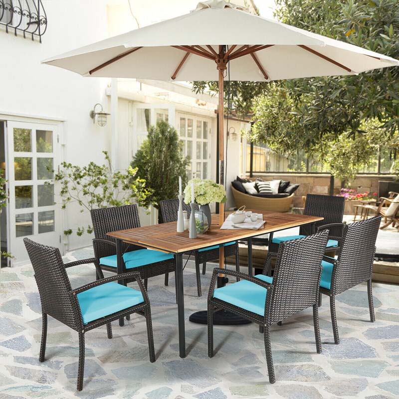 7 Piece Rattan Patio Dining Set with Umbrella Hole, Acacia Wood Tabletop, Cushioned Chairs