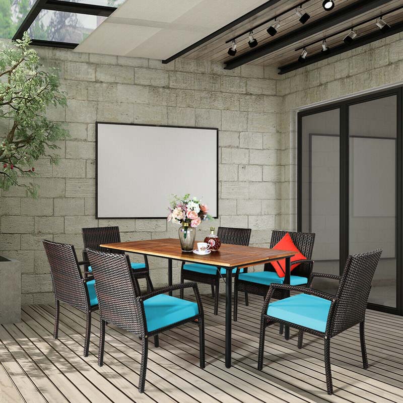 7 Piece Rattan Patio Dining Set with Umbrella Hole, Acacia Wood Tabletop, Cushioned Chairs