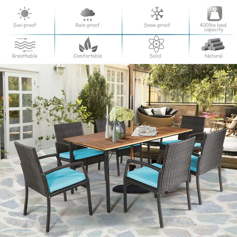 7 Pcs Rattan Patio Dining Set with Umbrella Hole, Acacia Wood Tabletop, Cushioned Chairs