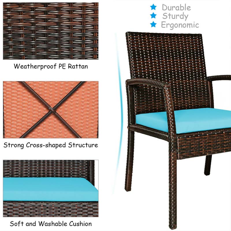 7 Piece Rattan Patio Dining Set with Umbrella Hole, Acacia Wood Tabletop, Cushioned Chairs