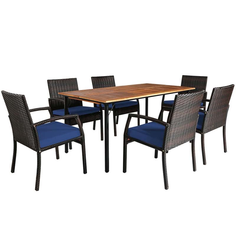 7 Piece Rattan Patio Dining Set with Umbrella Hole, Acacia Wood Tabletop, Cushioned Chairs