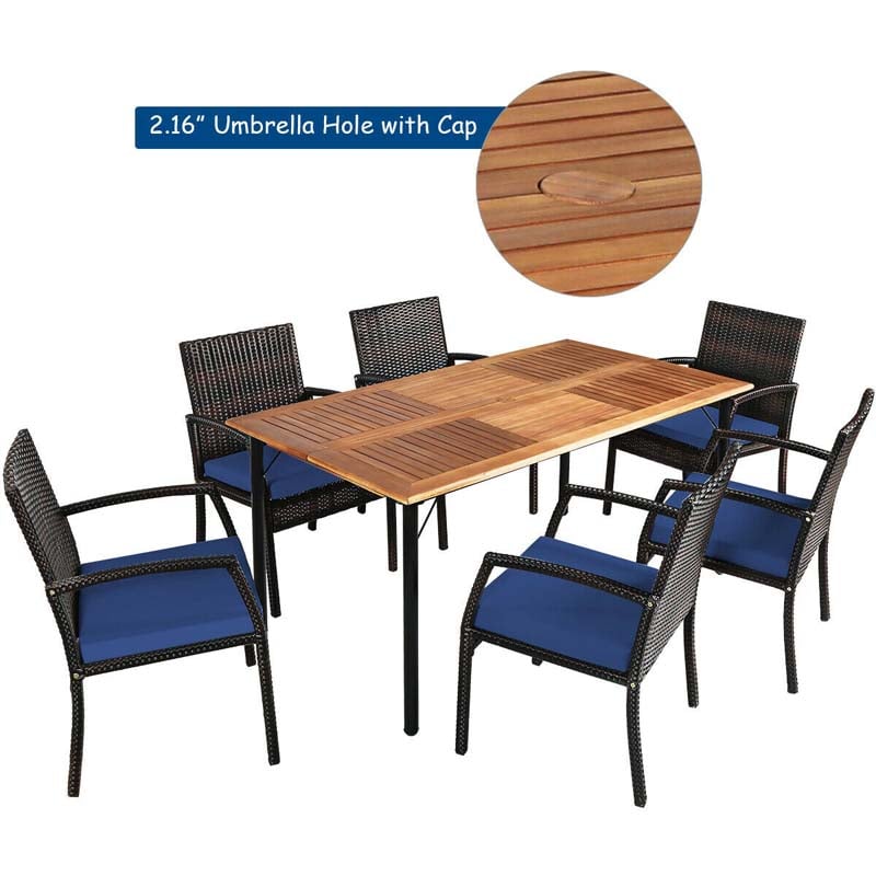 7 Piece Rattan Patio Dining Set with Umbrella Hole, Acacia Wood Tabletop, Cushioned Chairs