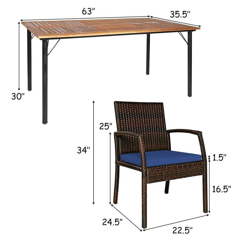 7 Piece Rattan Patio Dining Set with Umbrella Hole, Acacia Wood Tabletop, Cushioned Chairs