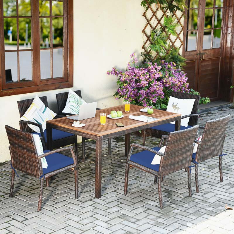 7 Piece Rattan Patio Dining Set with Umbrella Hole, Acacia Wood Tabletop, Cushioned Chairs
