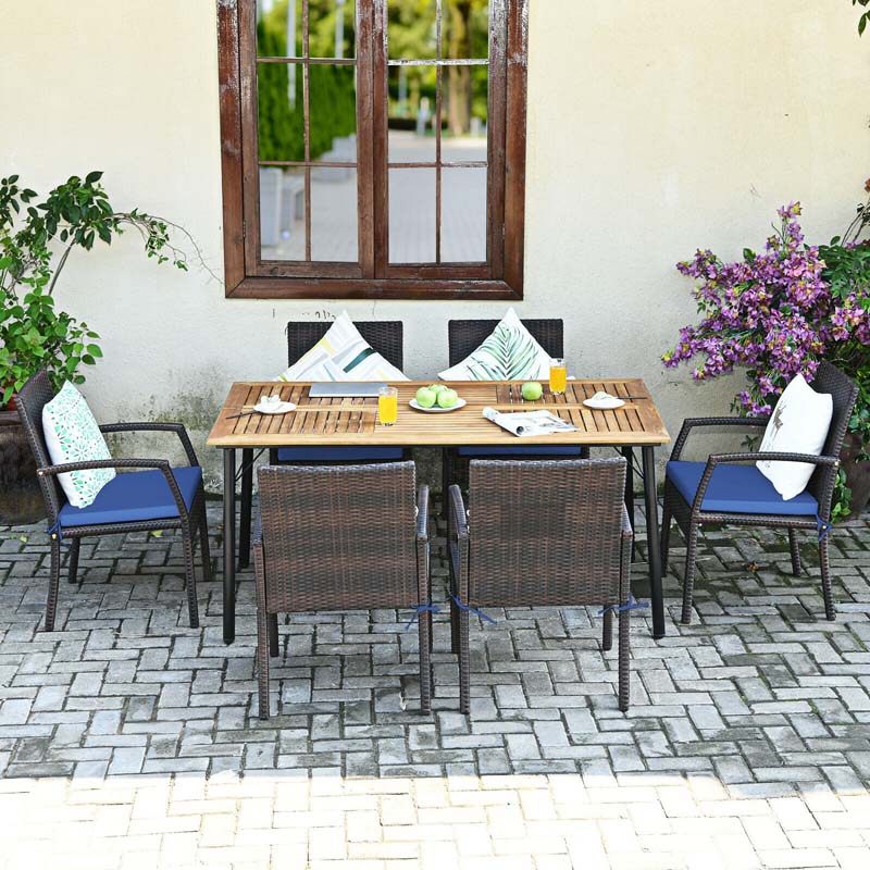 7 Piece Rattan Patio Dining Set with Umbrella Hole, Acacia Wood Tabletop, Cushioned Chairs