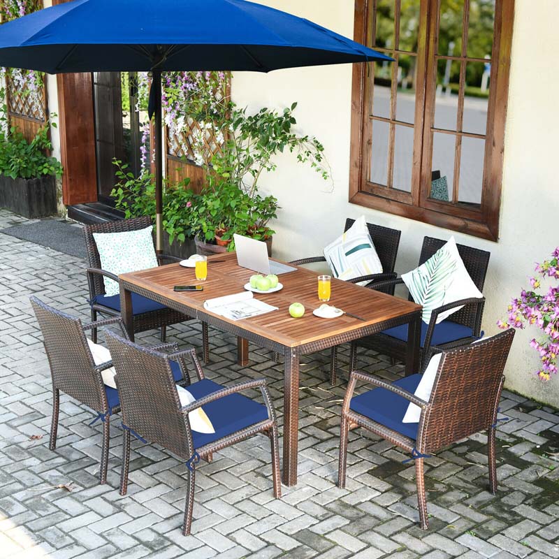 7 Piece Rattan Patio Dining Set with Umbrella Hole, Acacia Wood Tabletop, Cushioned Chairs