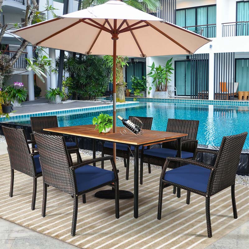 7 Piece Rattan Patio Dining Set with Umbrella Hole, Acacia Wood Tabletop, Cushioned Chairs