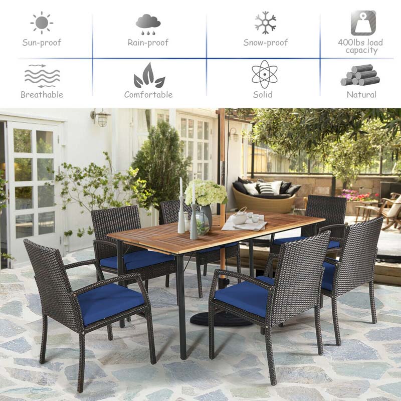 7 Piece Rattan Patio Dining Set with Umbrella Hole, Acacia Wood Tabletop, Cushioned Chairs