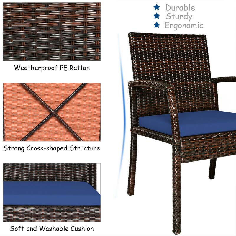 7 Piece Rattan Patio Dining Set with Umbrella Hole, Acacia Wood Tabletop, Cushioned Chairs