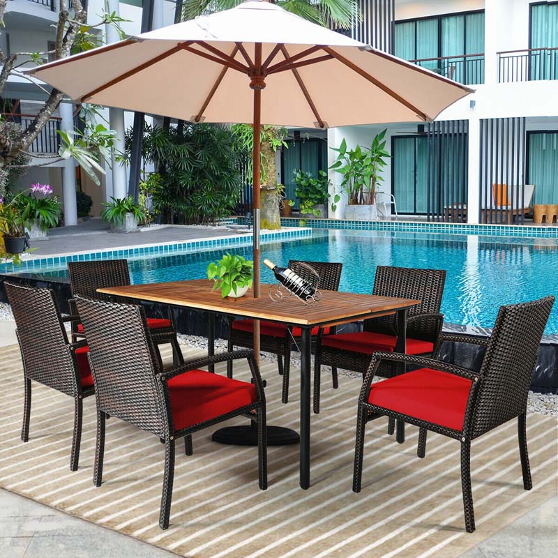 7 Piece Rattan Patio Dining Set with Umbrella Hole, Acacia Wood Tabletop, Cushioned Chairs