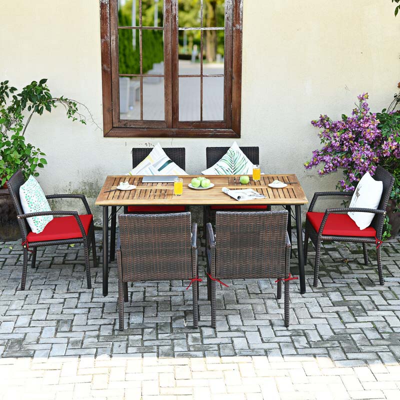 7 Piece Rattan Patio Dining Set with Umbrella Hole, Acacia Wood Tabletop, Cushioned Chairs
