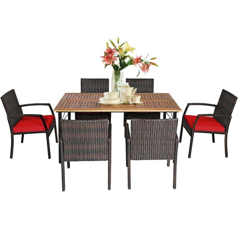 7 Piece Rattan Patio Dining Set with Umbrella Hole, Acacia Wood Tabletop, Cushioned Chairs