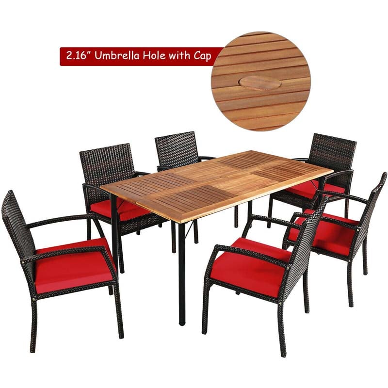 7 Piece Rattan Patio Dining Set with Umbrella Hole, Acacia Wood Tabletop, Cushioned Chairs