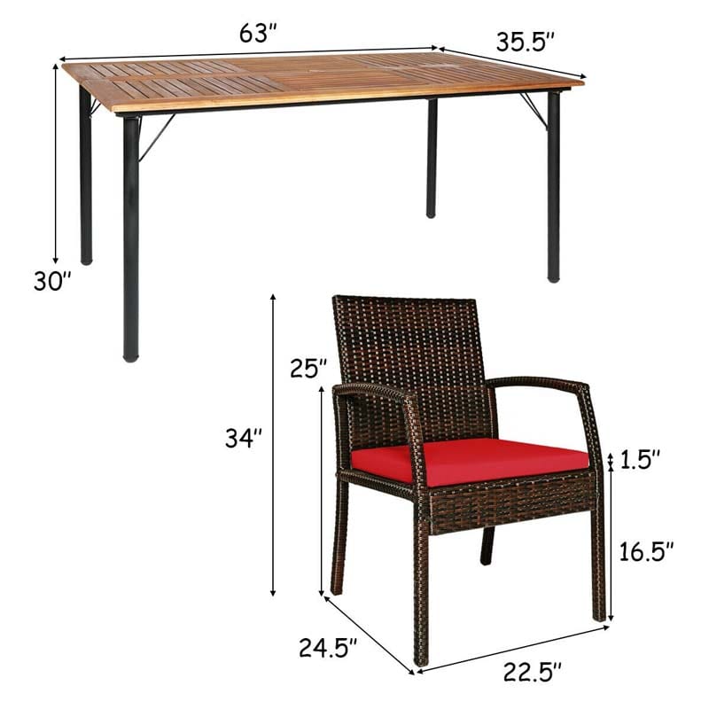 7 Piece Rattan Patio Dining Set with Umbrella Hole, Acacia Wood Tabletop, Cushioned Chairs