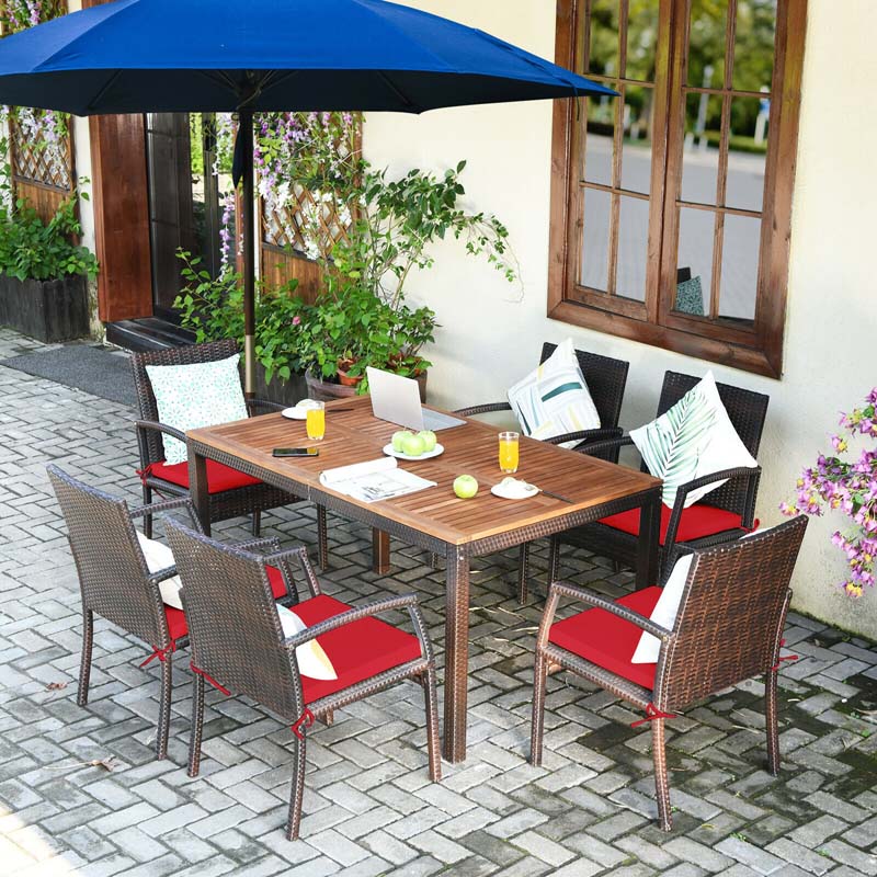 7 Piece Rattan Patio Dining Set with Umbrella Hole, Acacia Wood Tabletop, Cushioned Chairs