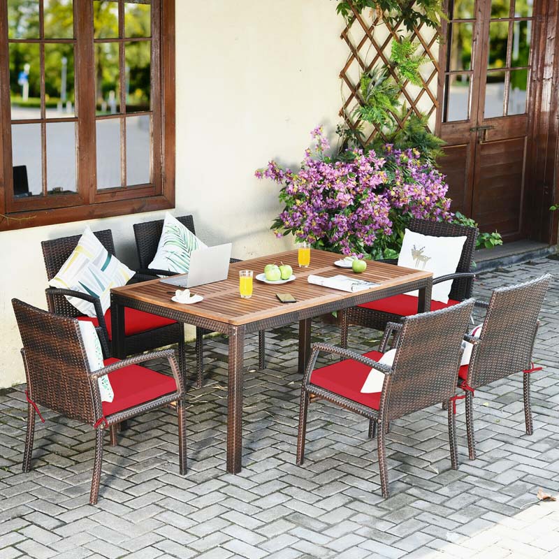 7 Piece Rattan Patio Dining Set with Umbrella Hole, Acacia Wood Tabletop, Cushioned Chairs
