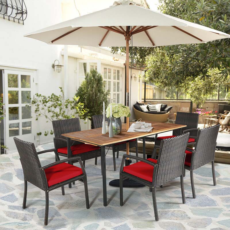 7 Piece Rattan Patio Dining Set with Umbrella Hole, Acacia Wood Tabletop, Cushioned Chairs