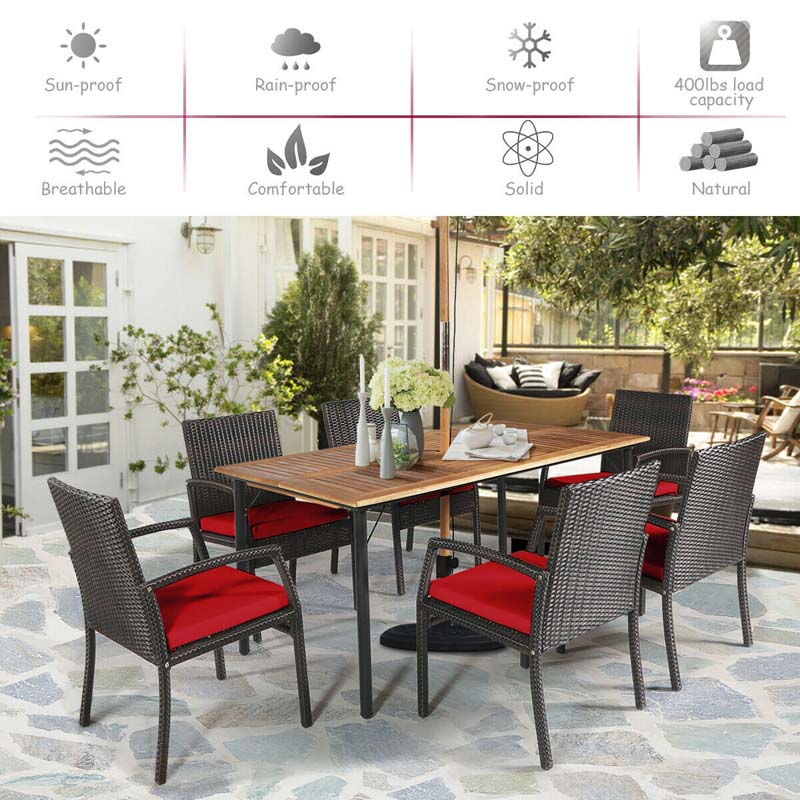 7 Piece Rattan Patio Dining Set with Umbrella Hole, Acacia Wood Tabletop, Cushioned Chairs