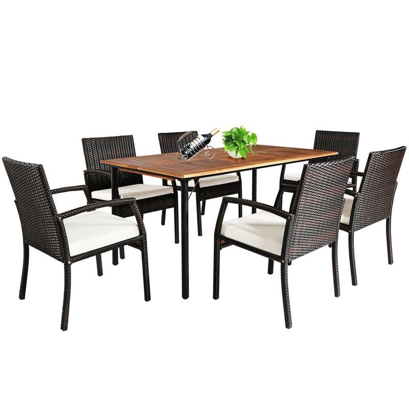 7 Piece Rattan Patio Dining Set with Umbrella Hole, Acacia Wood Tabletop, Cushioned Chairs