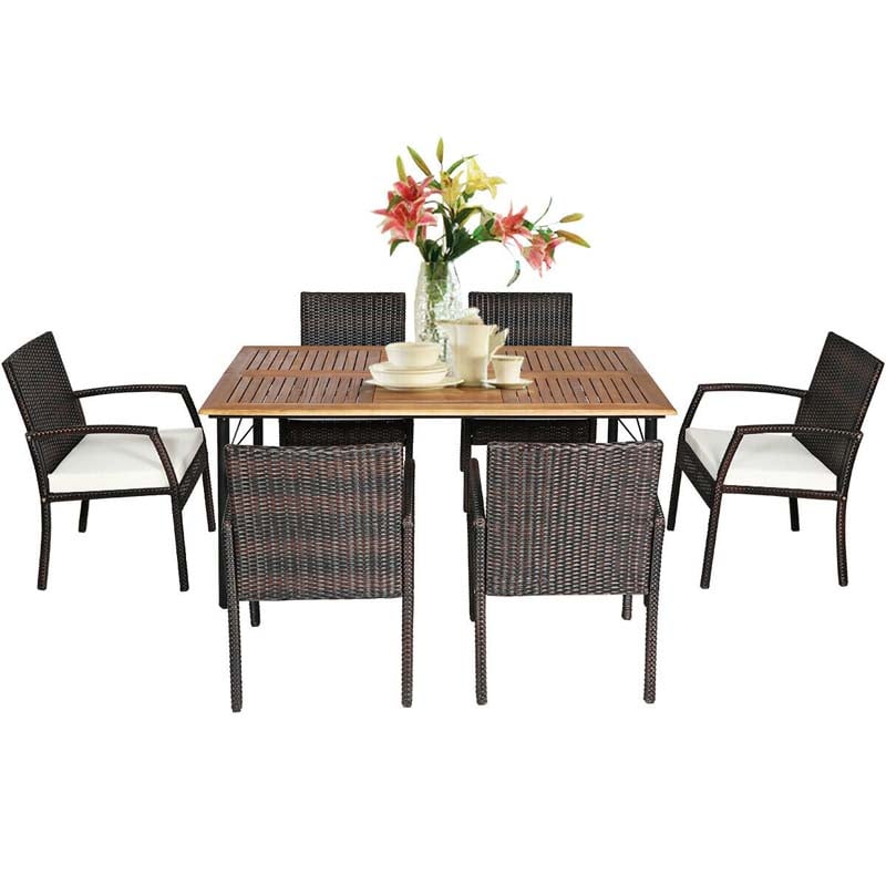 7 Piece Rattan Patio Dining Set with Umbrella Hole, Acacia Wood Tabletop, Cushioned Chairs