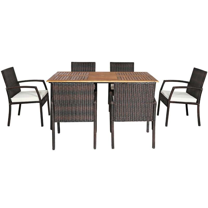 7 Pcs Rattan Patio Dining Set with Umbrella Hole, Acacia Wood Tabletop, Cushioned Chairs