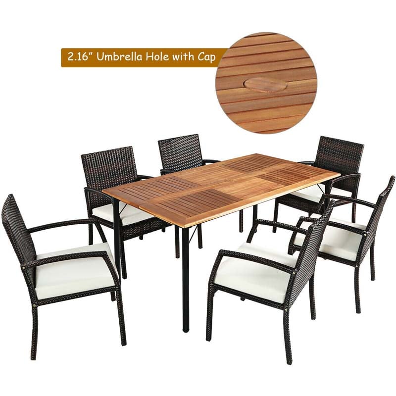 7 Piece Rattan Patio Dining Set with Umbrella Hole, Acacia Wood Tabletop, Cushioned Chairs