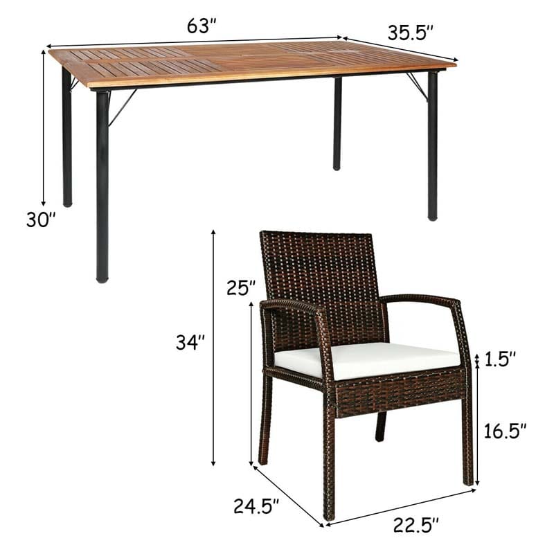 7 Piece Rattan Patio Dining Set with Umbrella Hole, Acacia Wood Tabletop, Cushioned Chairs