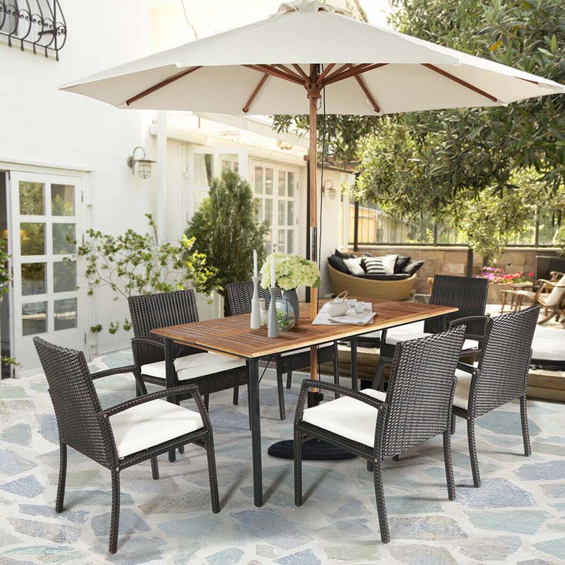 7 Piece Rattan Patio Dining Set with Umbrella Hole, Acacia Wood Tabletop, Cushioned Chairs