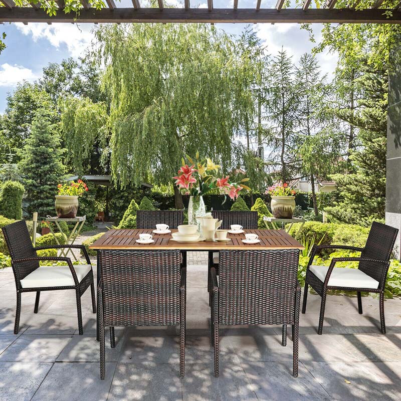 7 Piece Rattan Patio Dining Set with Umbrella Hole, Acacia Wood Tabletop, Cushioned Chairs